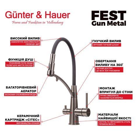 Кухонний змішувач Gunter&Hauer FEST Gun Metal з підключенням до фільтра води та гнучкий вилив, графітовий (Gun Metal) FEST Gun Metal фото