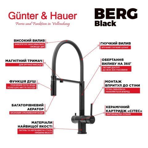 Кухонний змішувач Gunter&Hauer BERG Black з підключенням до фільтра води та гнучким виливом, чорний матовий BERG Black фото